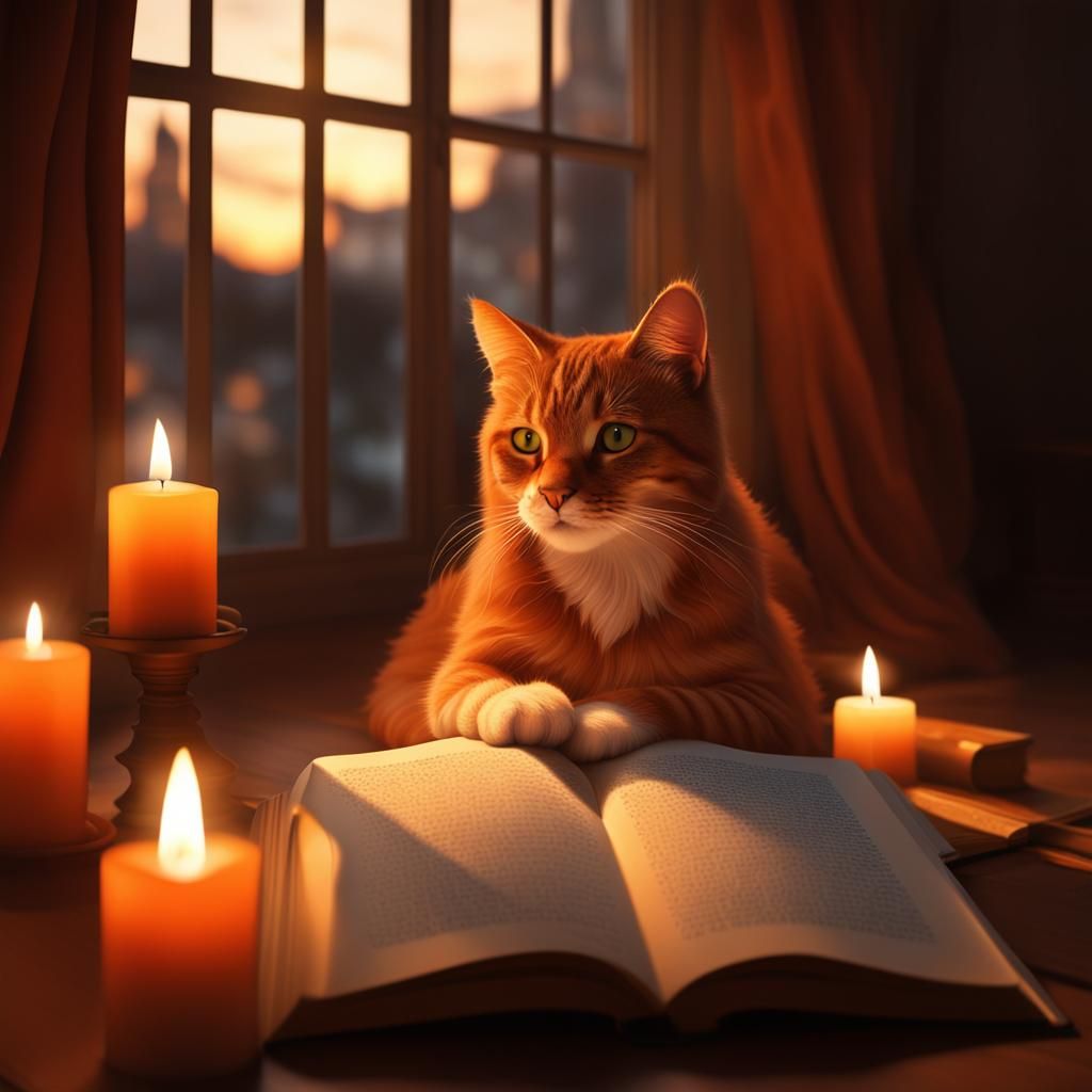 Cat Reading Book by Candlelight in Soft Focus