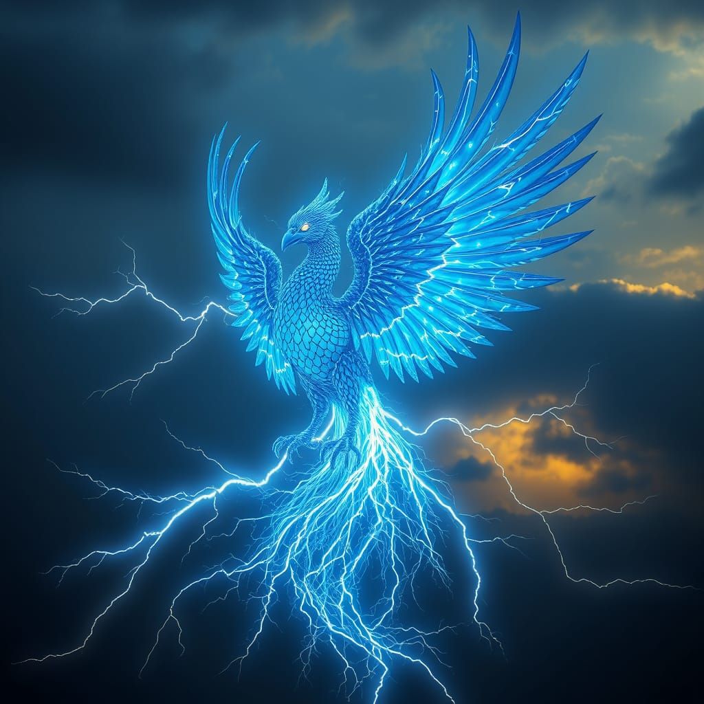 Ethereal Blue Phoenix in Dark Fantasy Art Nouveau Style