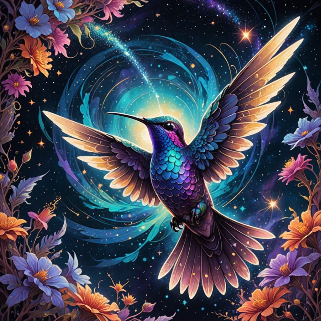 Celestial Hummingbird in Vibrant Cosmic Nebula