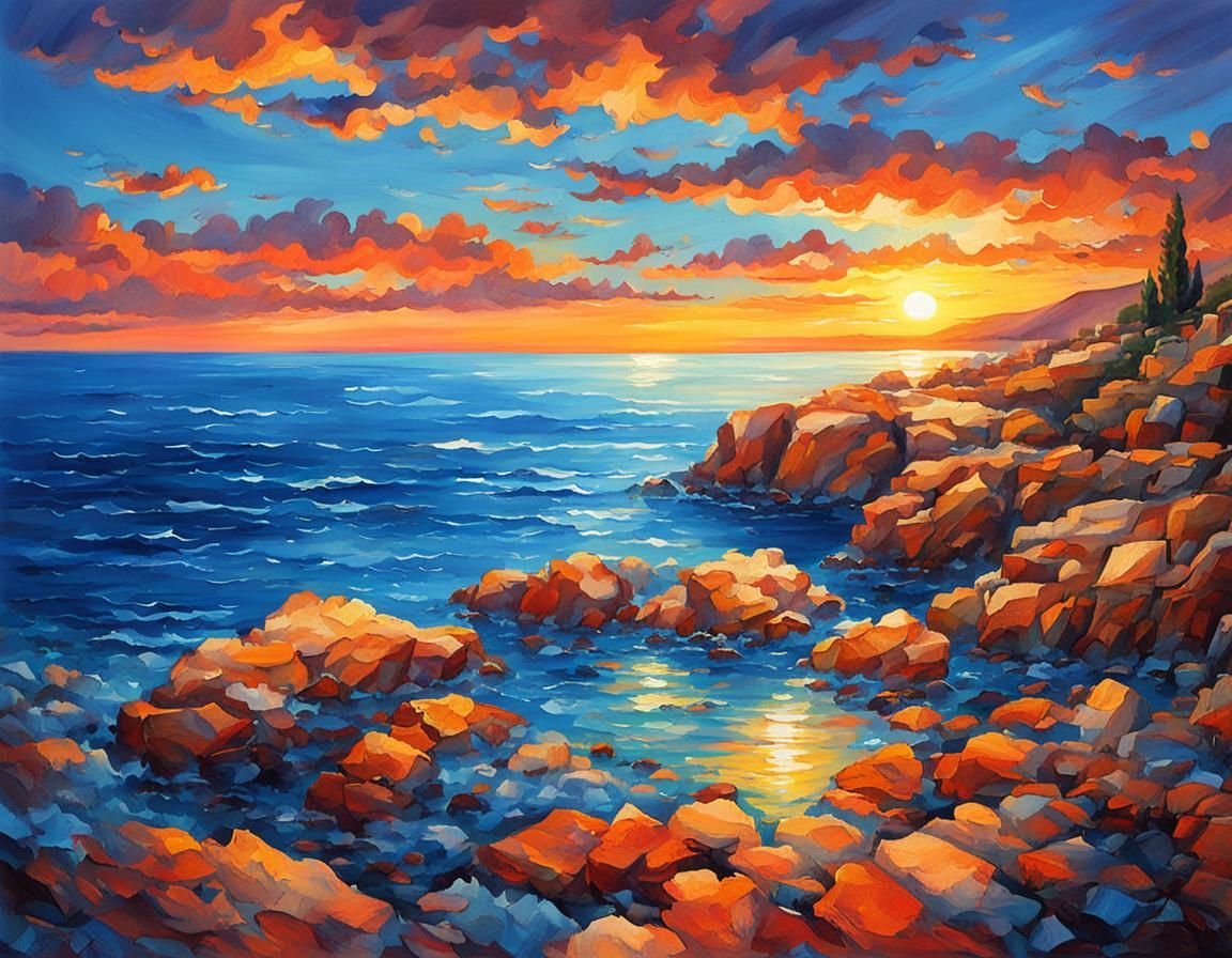 Sunset Over the Blue Mediterranean Sea