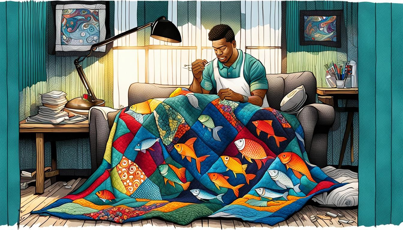 Football Player's Quilt: A Whimsical Ink Illustration