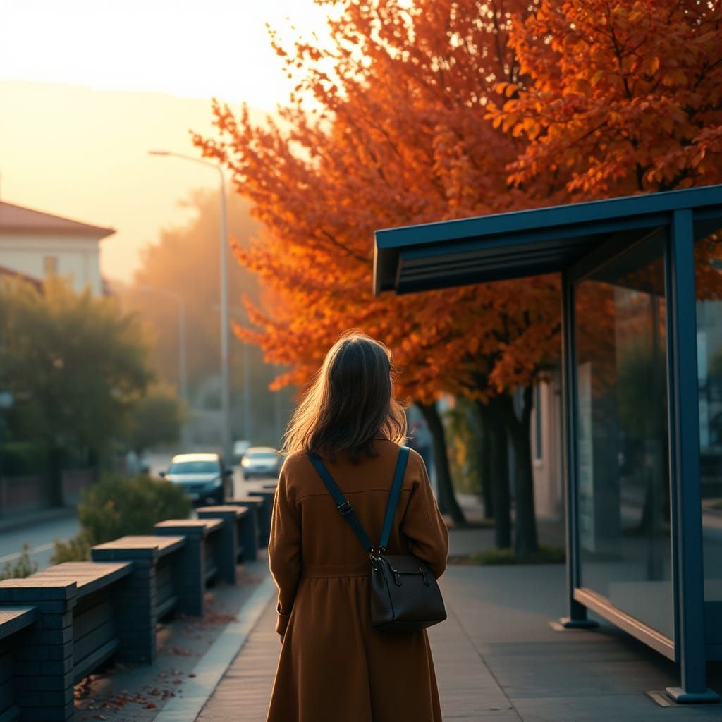 Italian Girls at Bus Stop in Autumn Sunrise