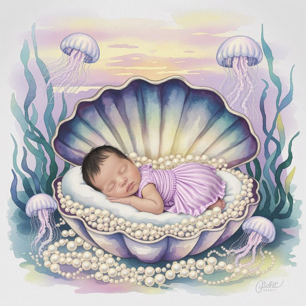 Dreamy Newborn Asleep in Clam Shell: Watercolor Art