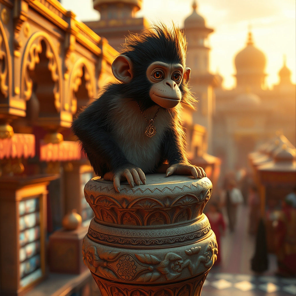 Apu from Aladdin on Stone Pedestal, Cinematic Film Still