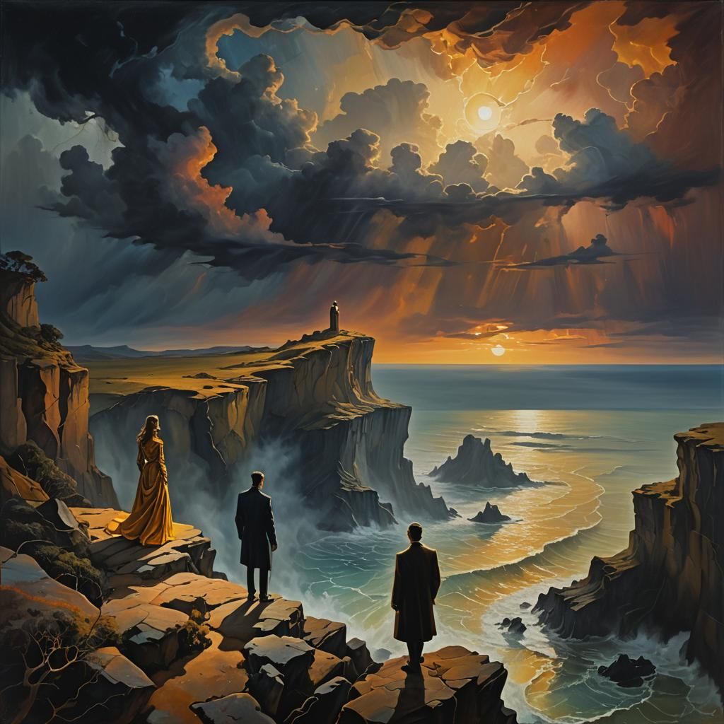 Surreal Figures on Cliff Edge in Dreamlike Colors