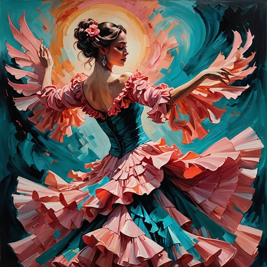 Flamenco Dancer with Flamingo Wings as Oil Painting