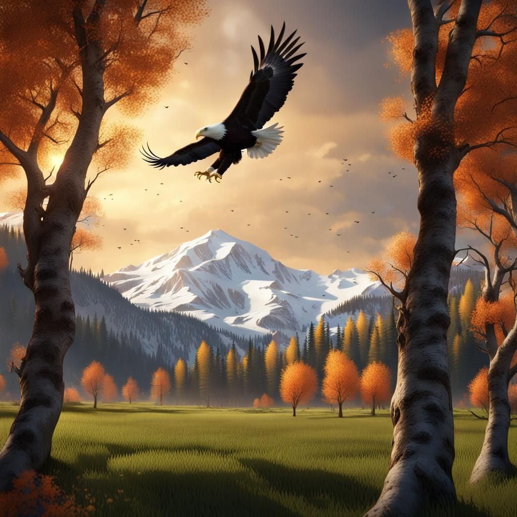 Bald Eagle Soaring Over Autumnal Landscape