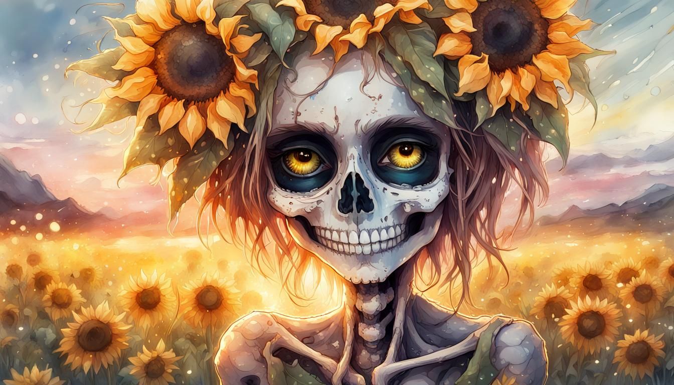Chibi Skull in Sunflower Field: Digital Watercolor Art
