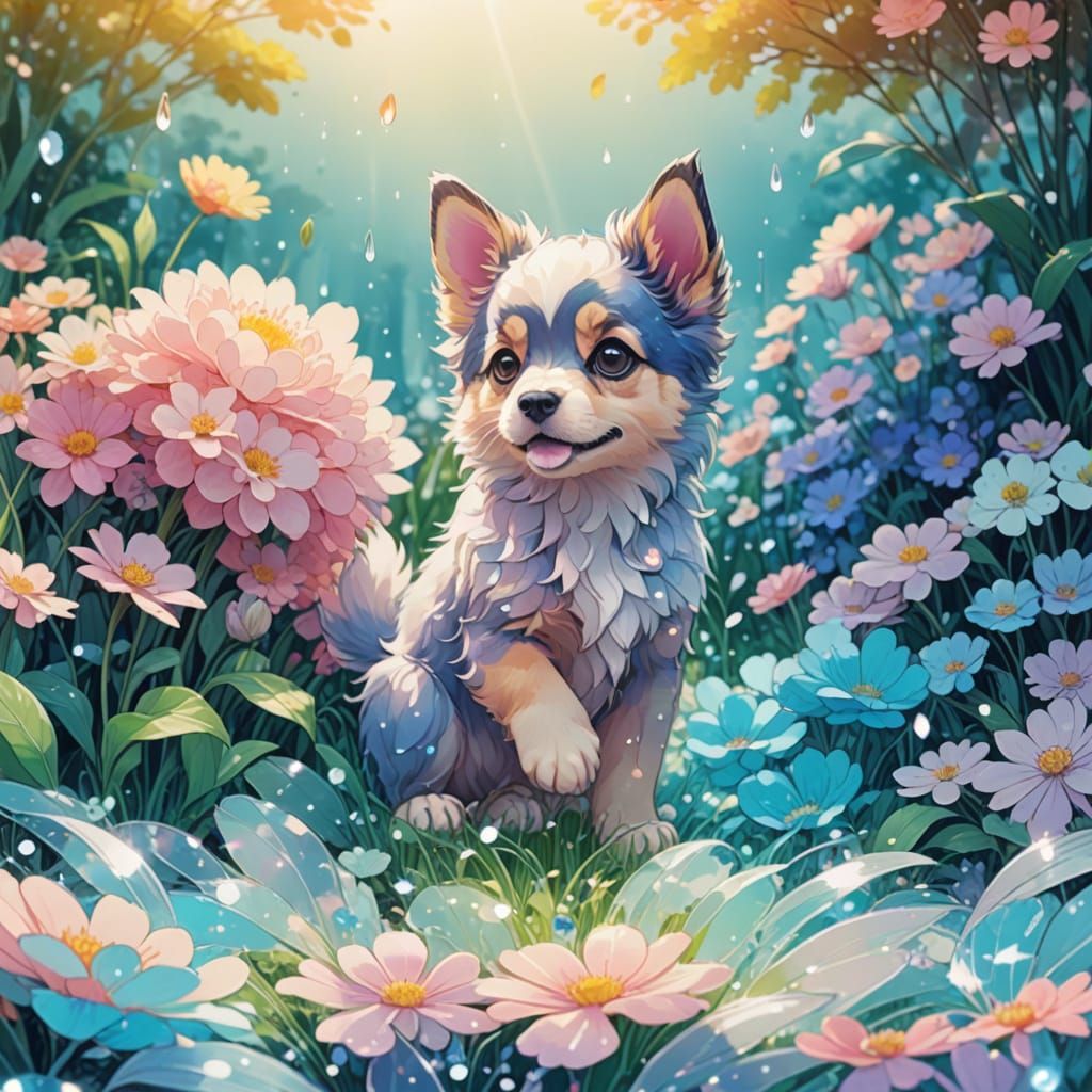 Whimsical Anime Puppy in a Vibrant Flowerbed