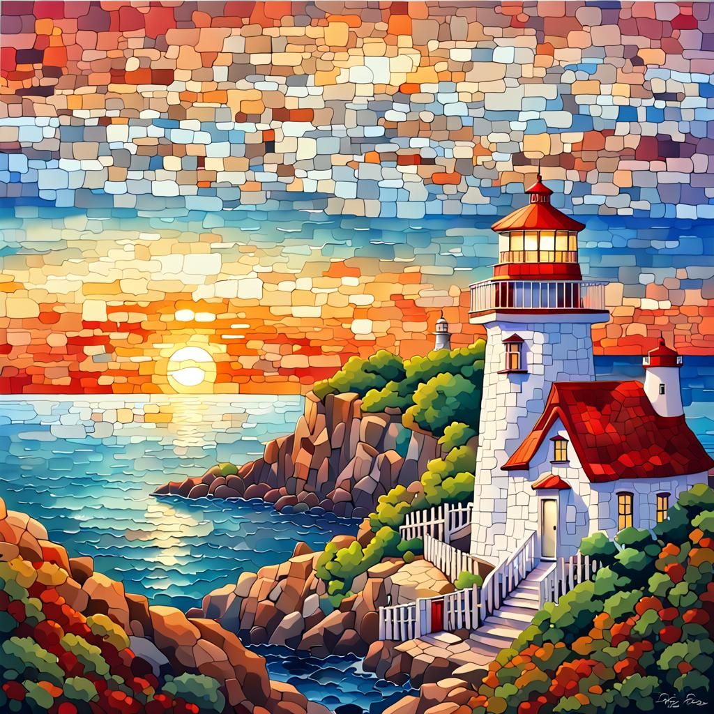 Coastal Lighthouse Mosaic at Sunset