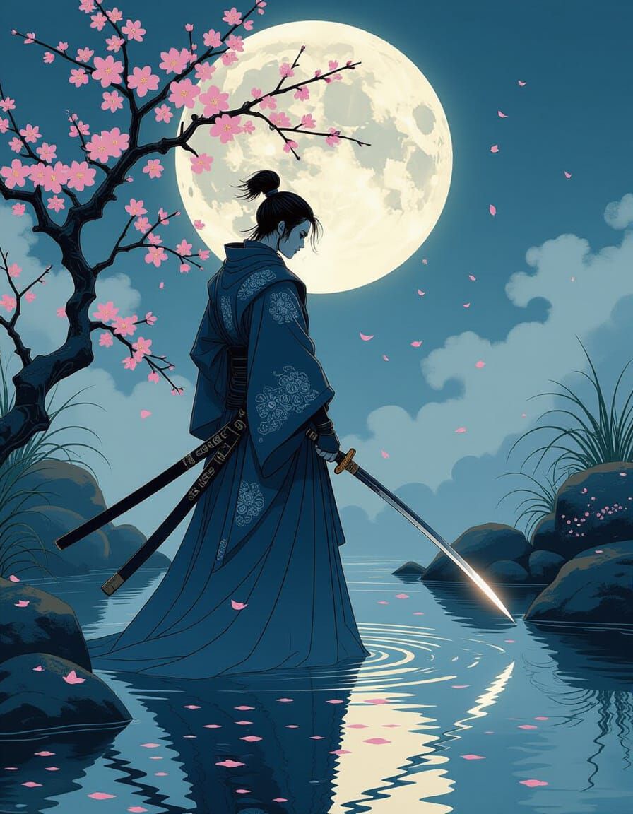 Spectral Samurai Over Moonlit Koi Pond in Art Nouveau Style