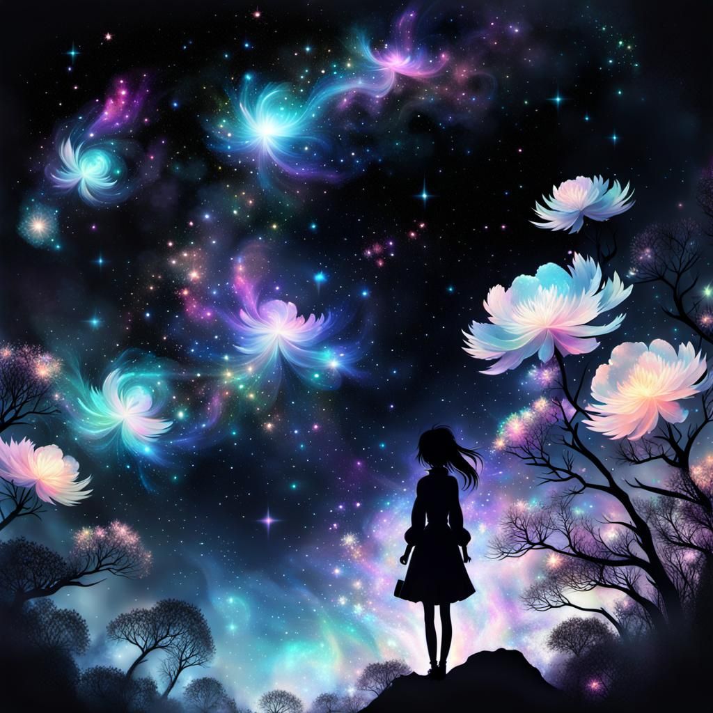 Anime Girl Silhouette in Iridescent Galaxy