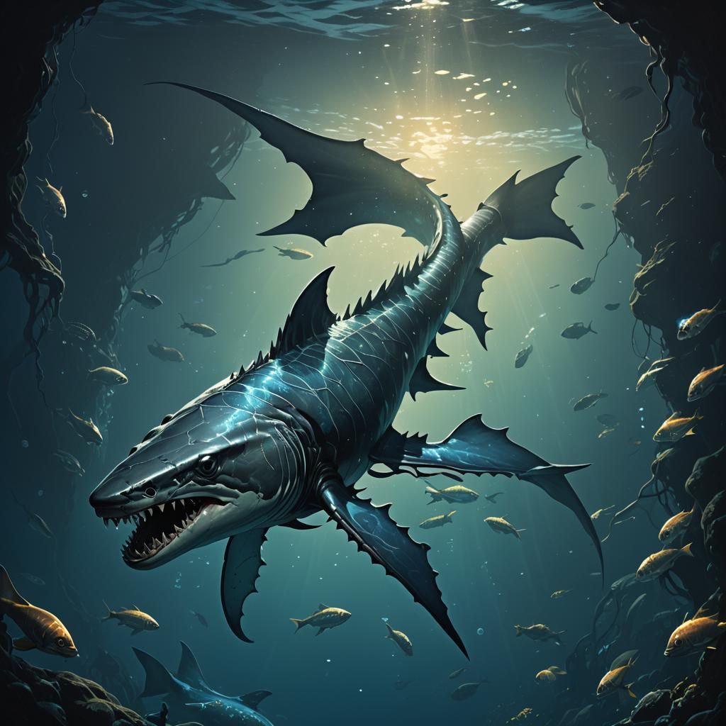 Bioluminescent Shark-Scorpion in Dark Fantasy Ocean