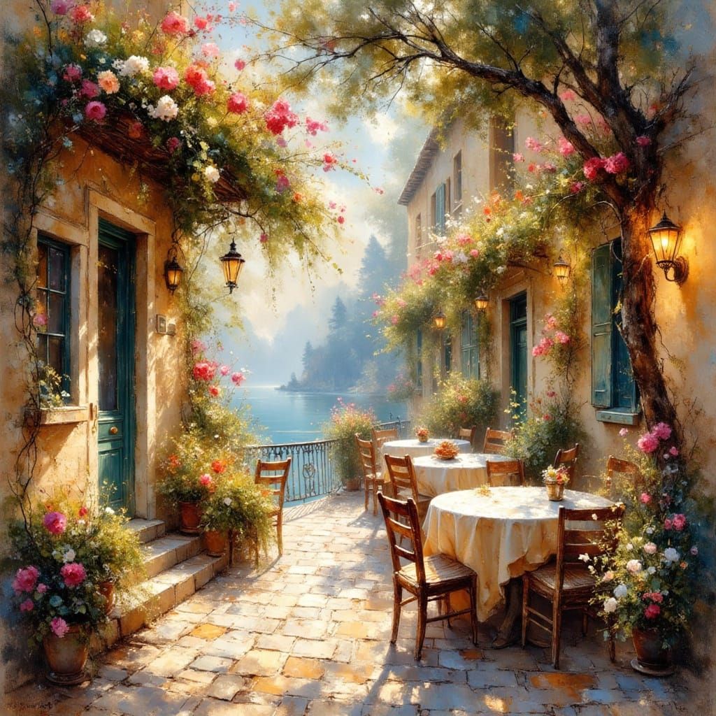 Greek Cafe Scene in Spring with Epic Lighting