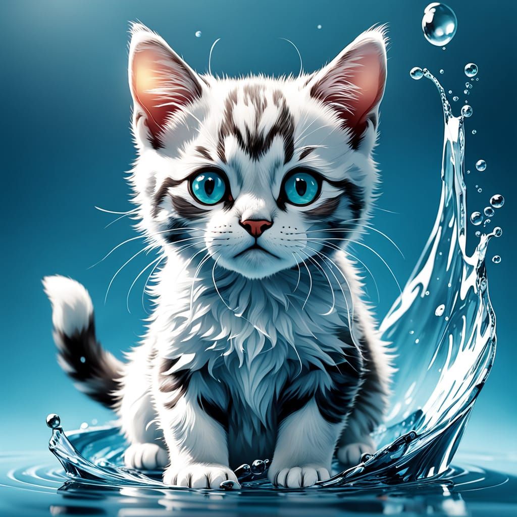 Tiny Bubble Cat Sculpture in White and Cyan