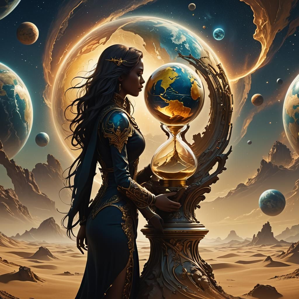 Woman Gazing at Earth with Hourglass Reflection
