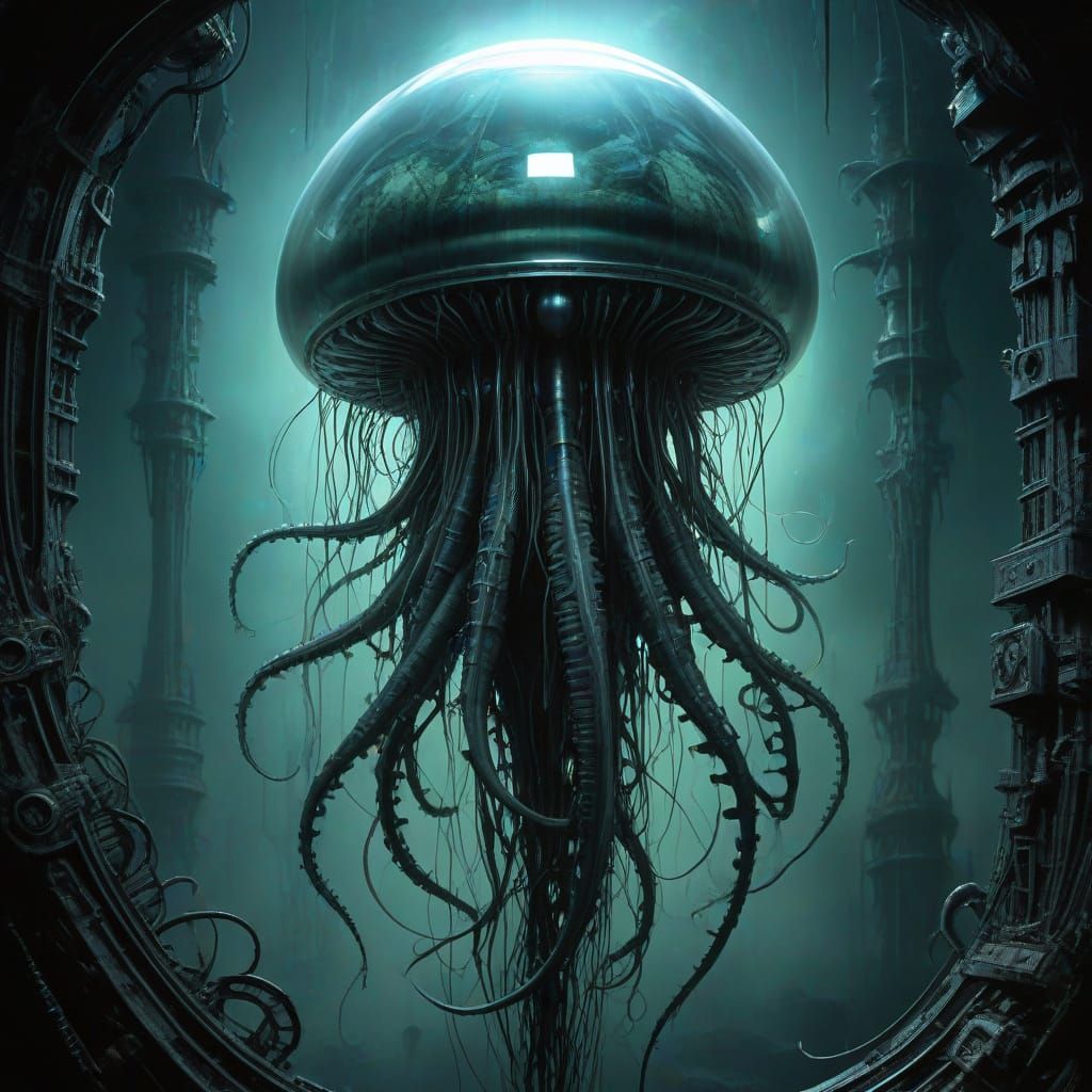 Bioluminescent Jellyfish in Starry Abyss: Biomechanical Art