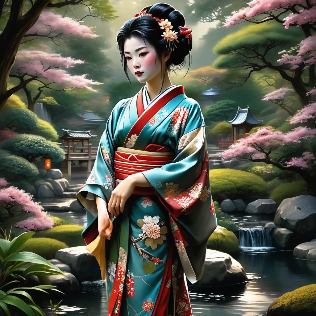 Geisha in Japanese Garden Art Nouveau Style