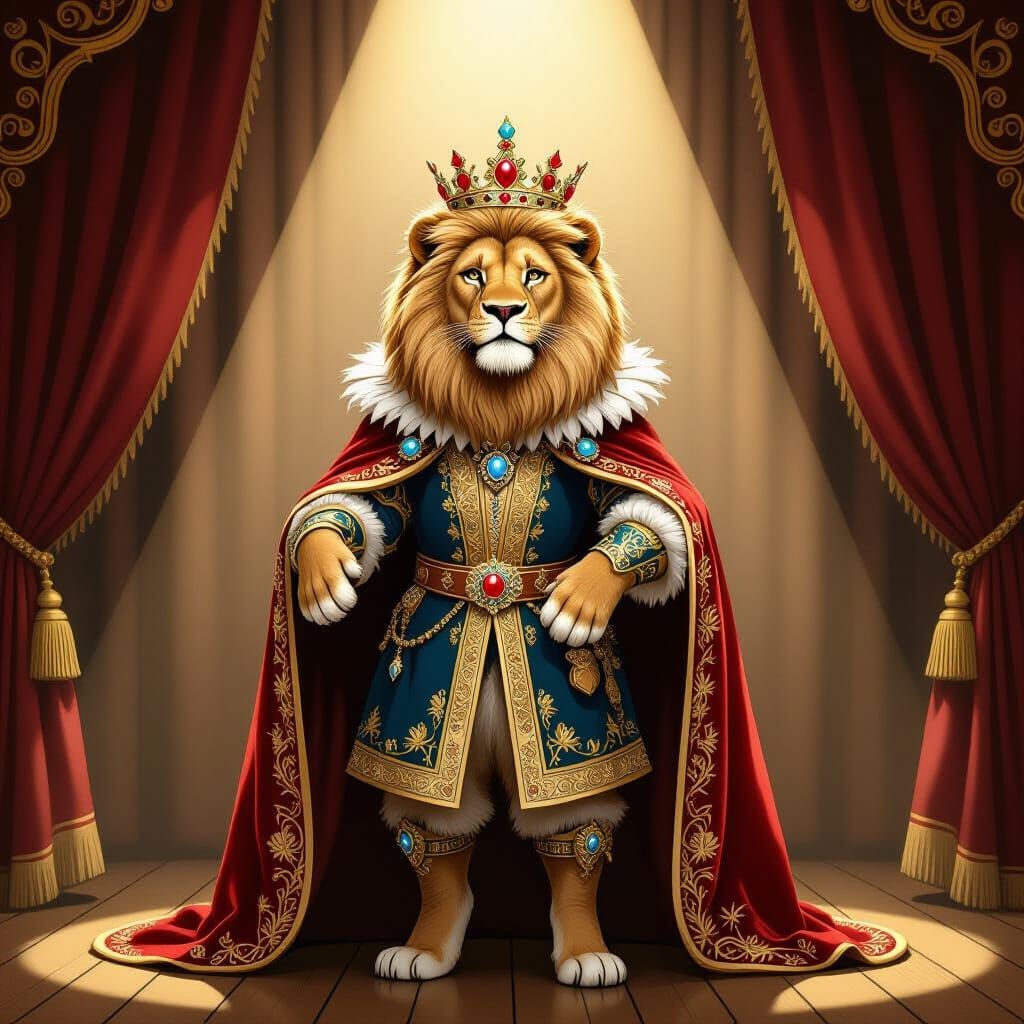Majestic Lion in Costume on Stage, Whimsical Theater Style