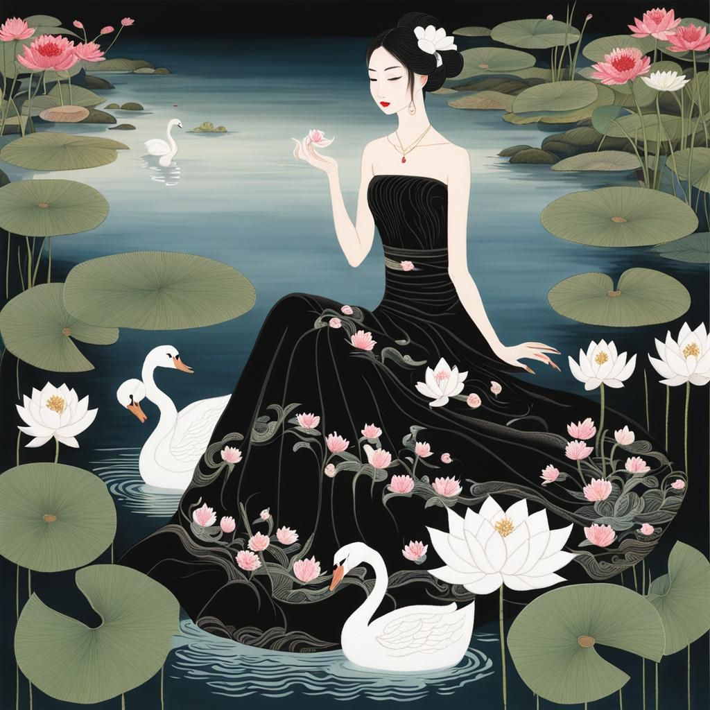 Asian Woman and Swan on Lotus Lake