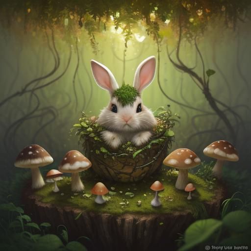 Baby Bunny in Glowing Mushroom Forest