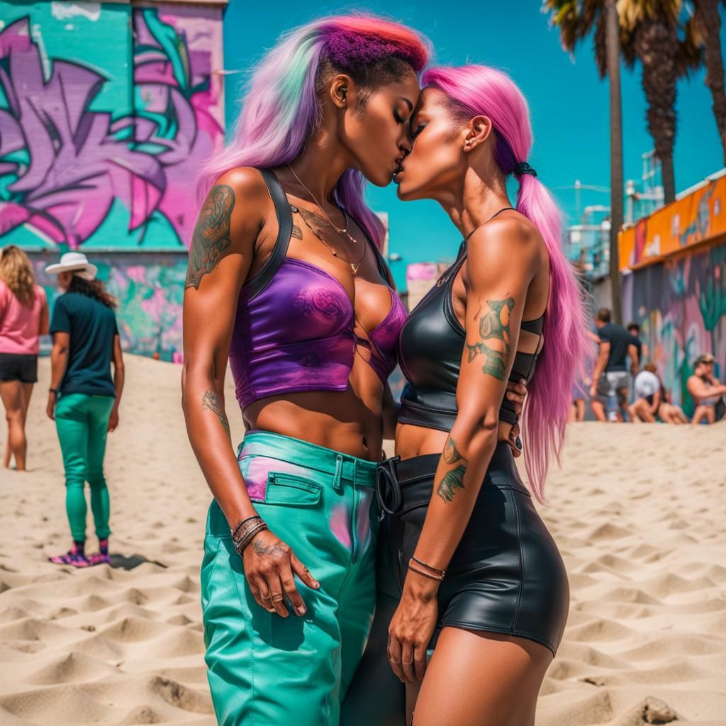 Venice Beach Kiss in Cyberpunk Neon Style