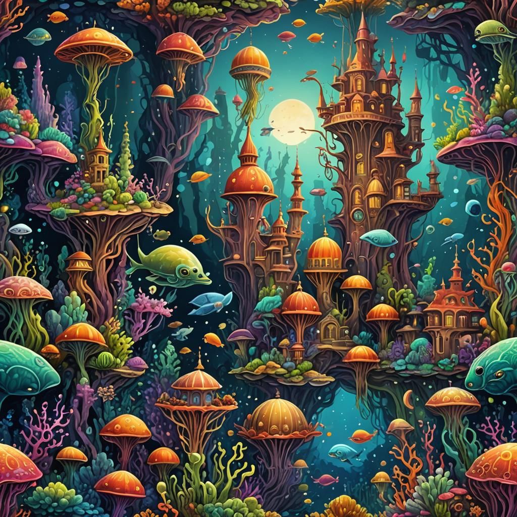 Psychedelic Underwater City with Fairy Creatures