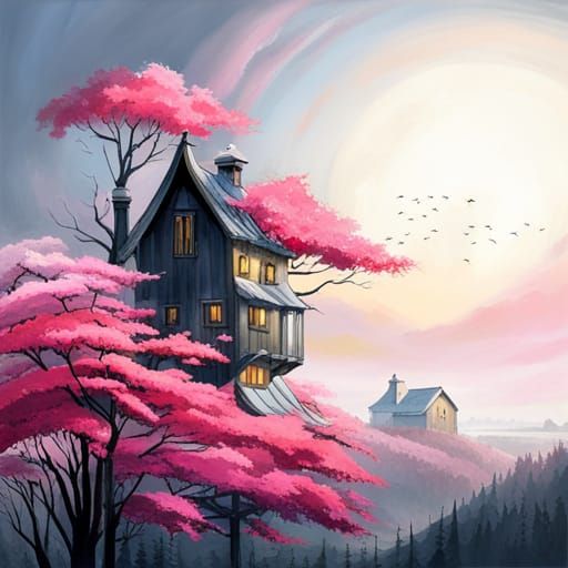 Surreal Sky Descent in Grey and Pink