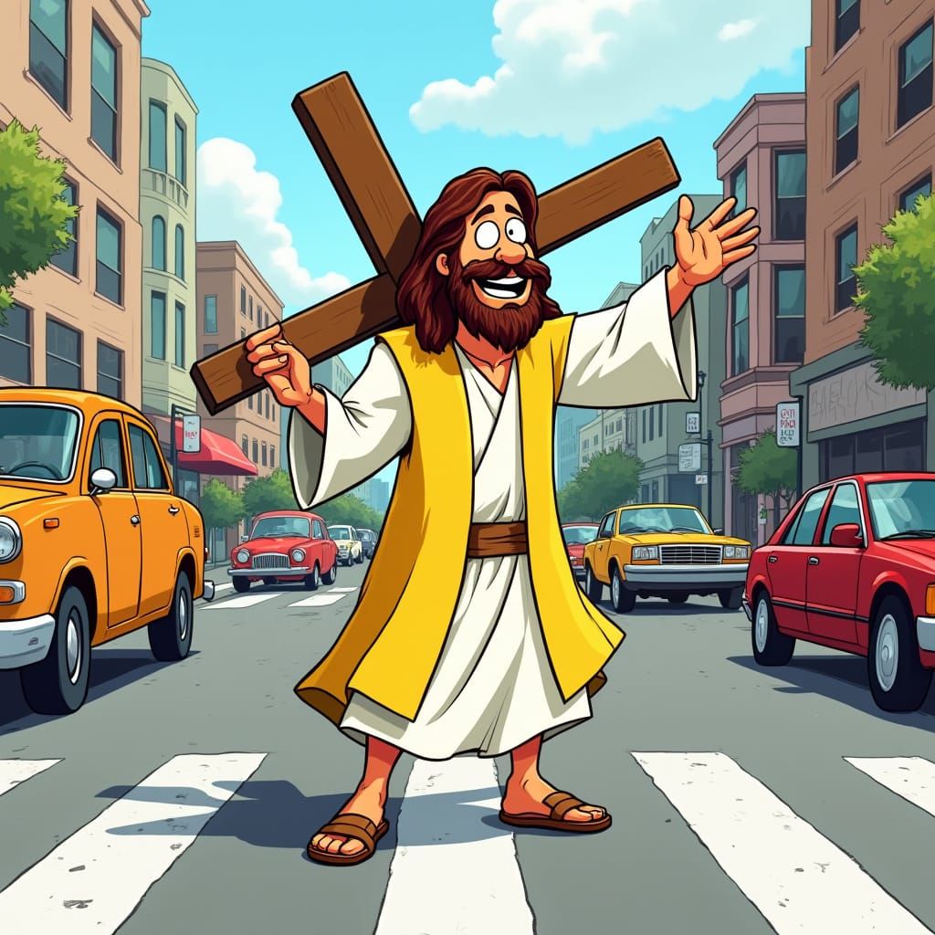 Cartoon Jesus Directs Traffic with a Smile