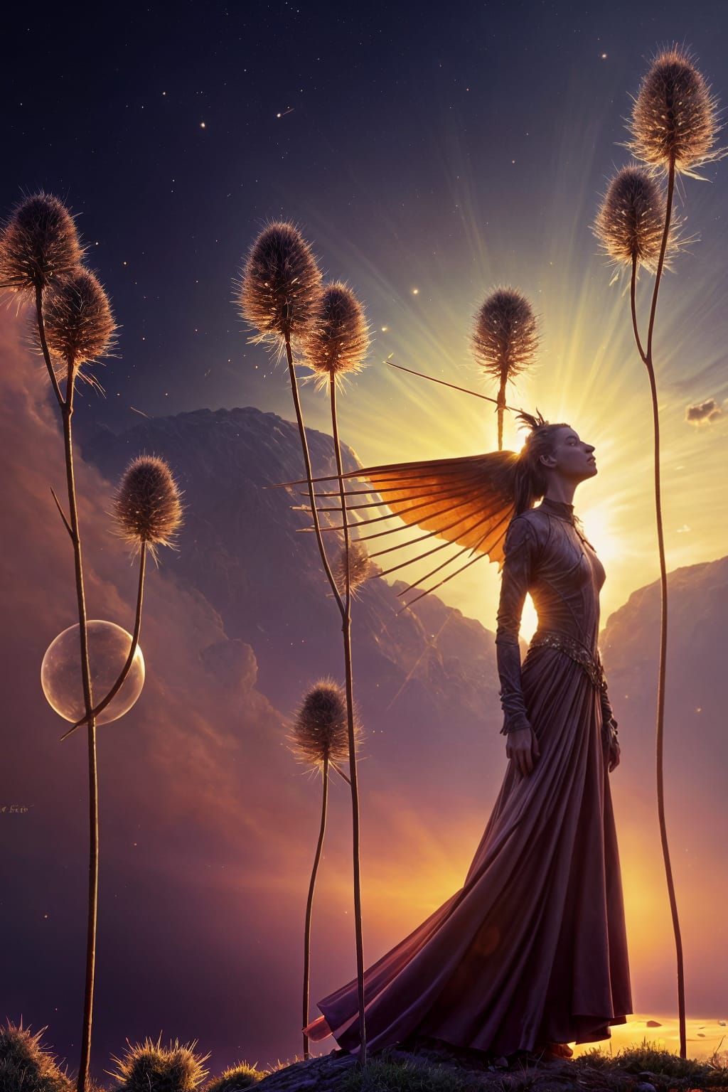 Thistle Field Bathed in God Rays: Surreal Photorealism