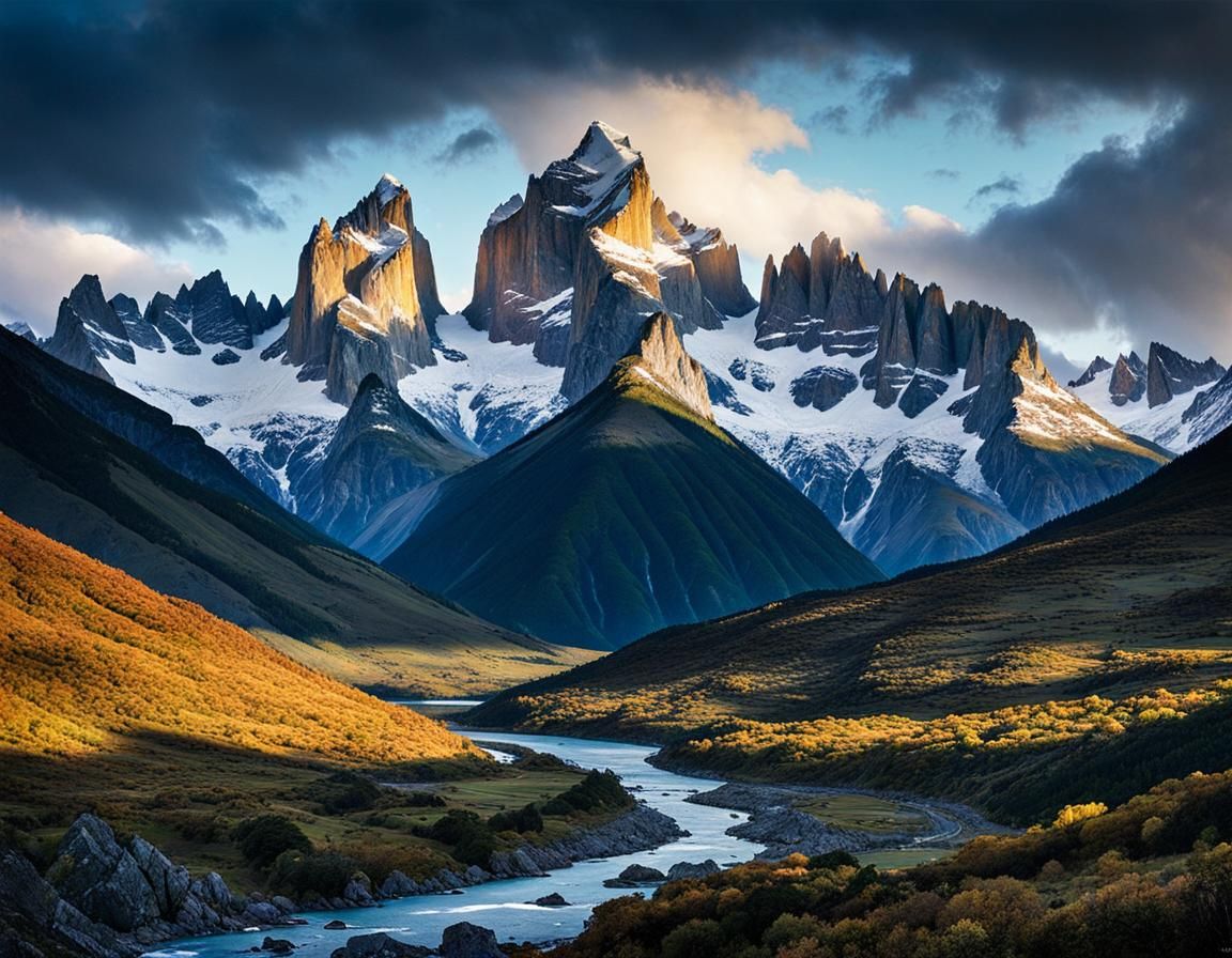 Patagonian Mountain Landscape in Watercolor Style