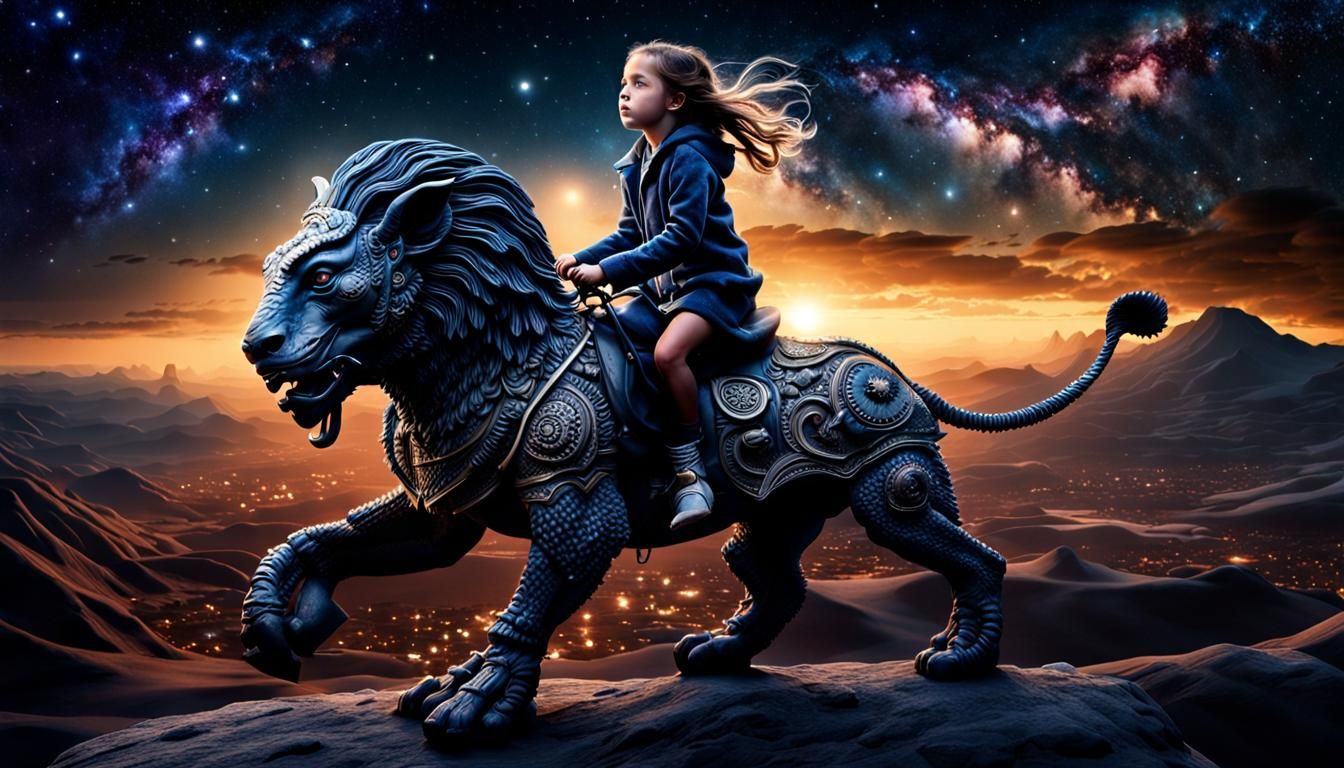 Girl Rides Chimera in Moody Night Sky