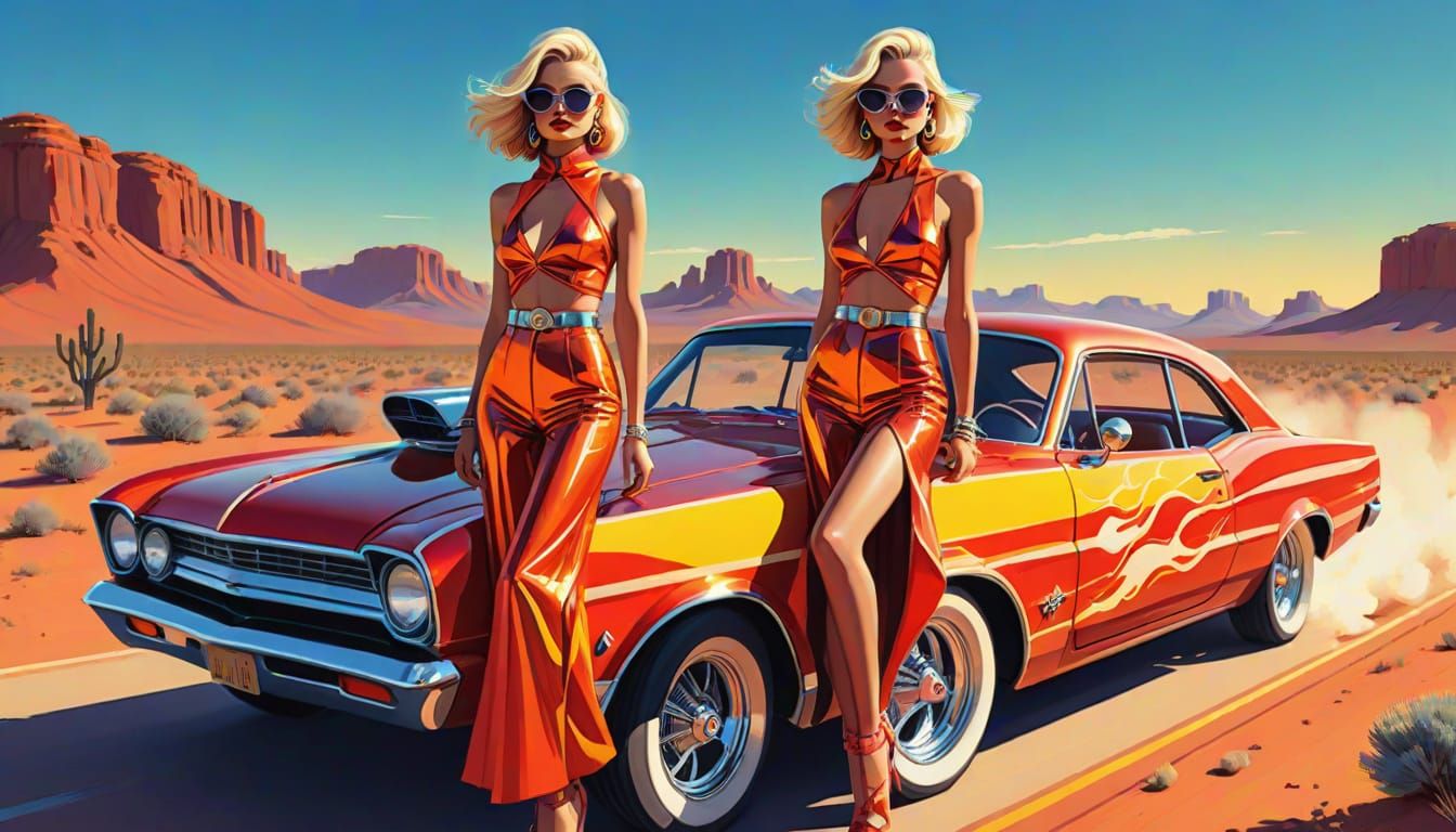Retro-Futuristic Hot Rod Fashion Show on Desert Highway