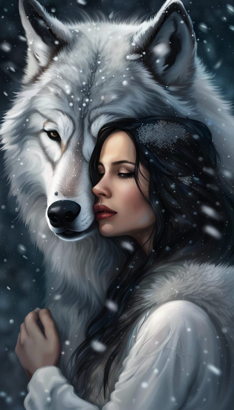Woman and Wolf in Snowy Embrace