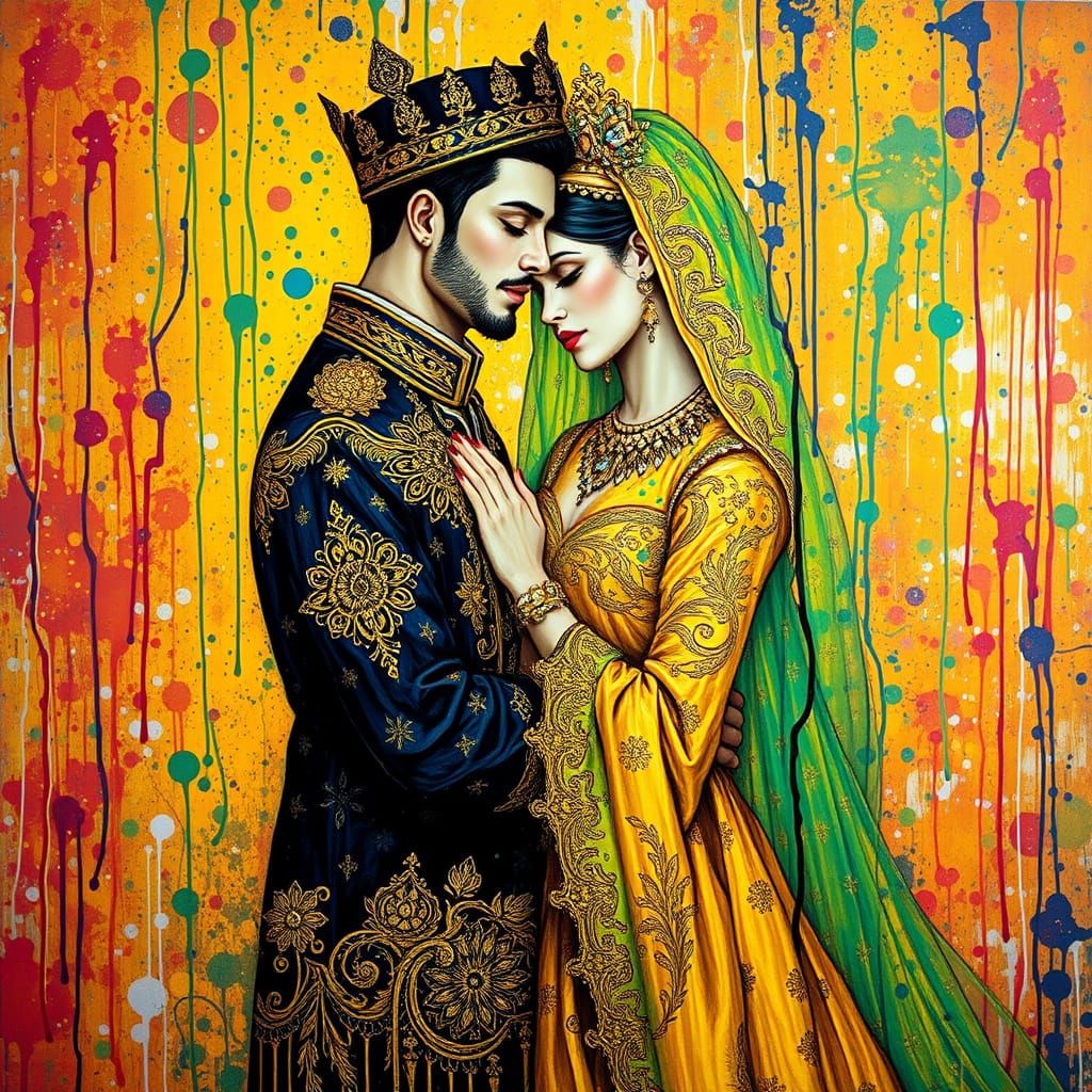 Ornate Couple Embracing in a Kaleidoscope of Color