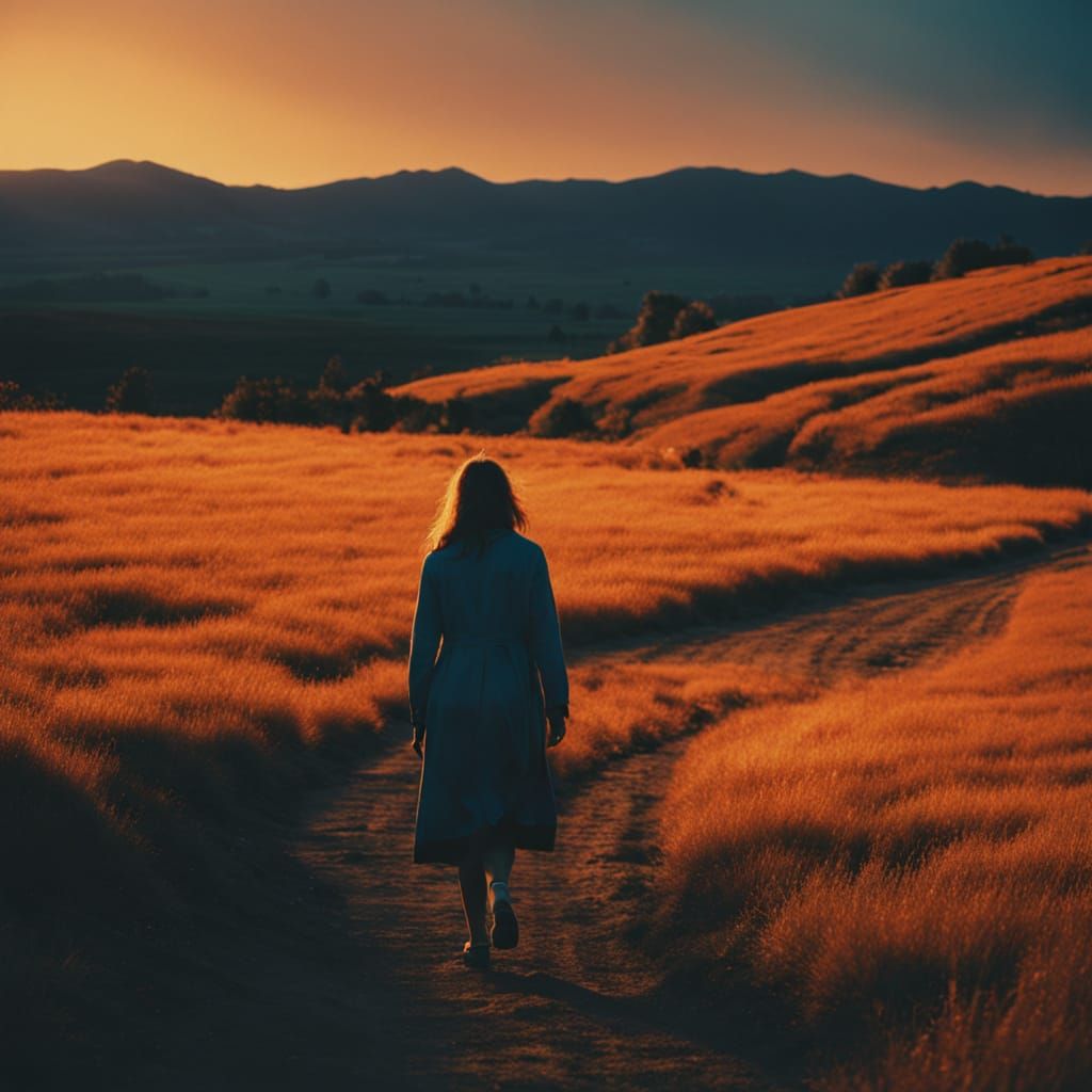 Woman Walking Alone in Golden Hour Glow