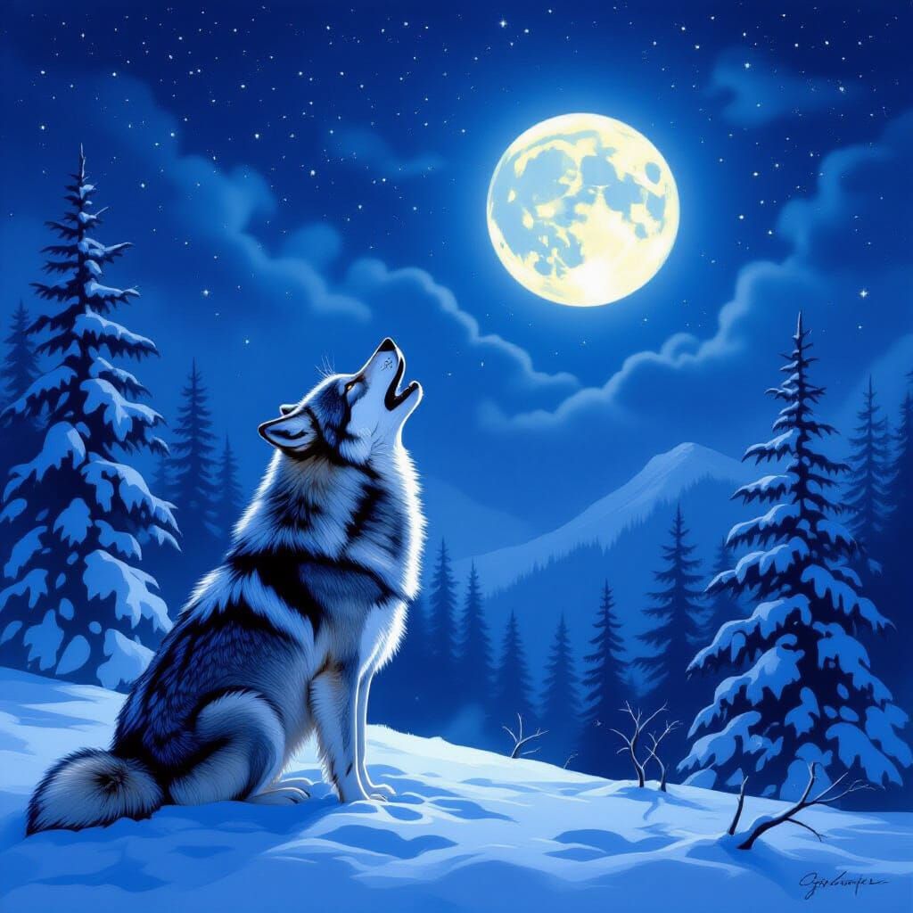 Wolf Howling at Moon in Snowy Winter Night