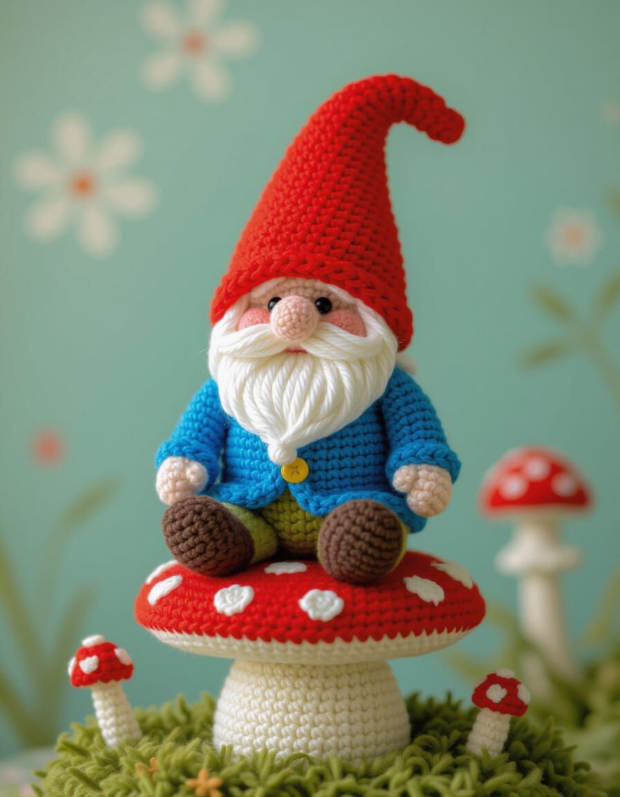 Whimsical Crocheted Gnome on Toadstool