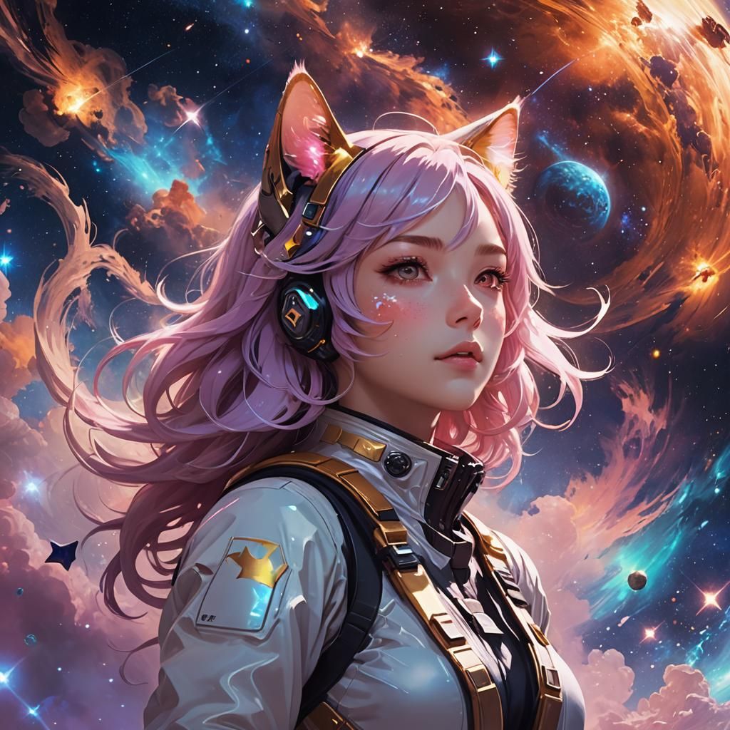 Cosmic Cat Girl in Nebula: Vibrant Anime Art