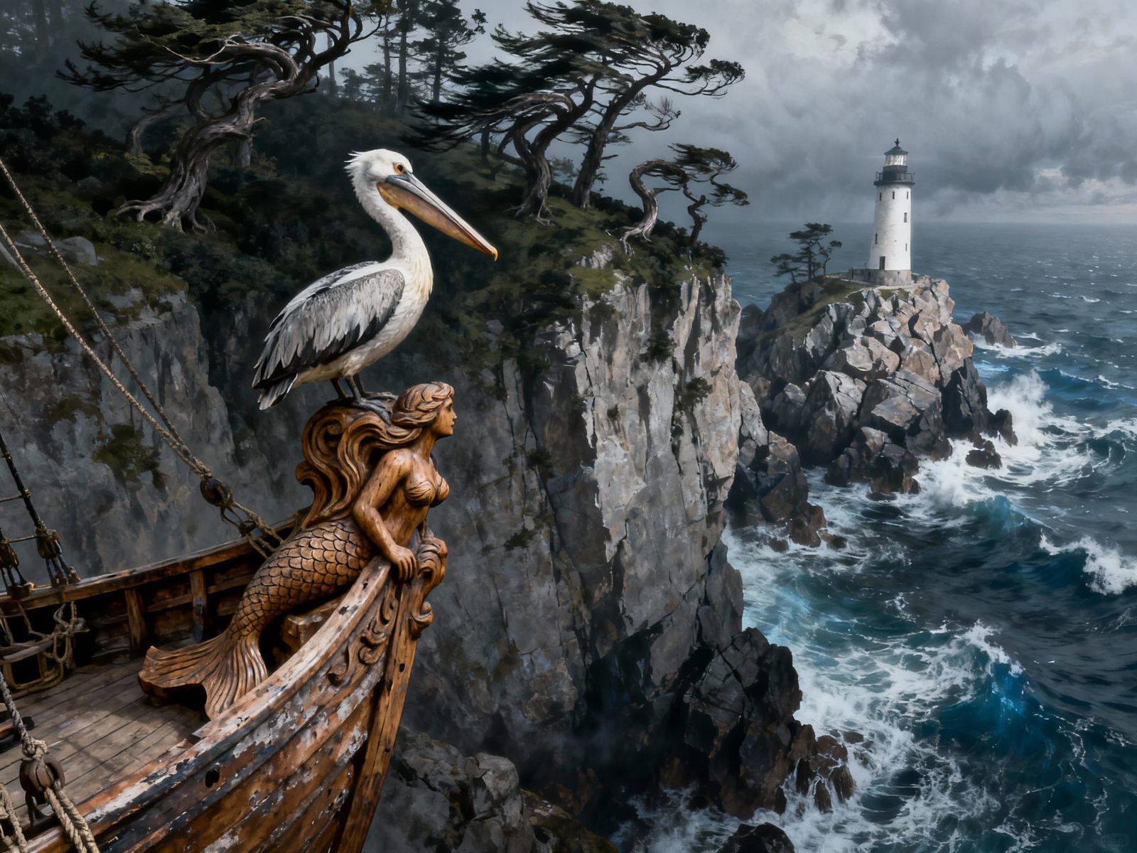 Detailed Ship View with Pelican and Lighthouse