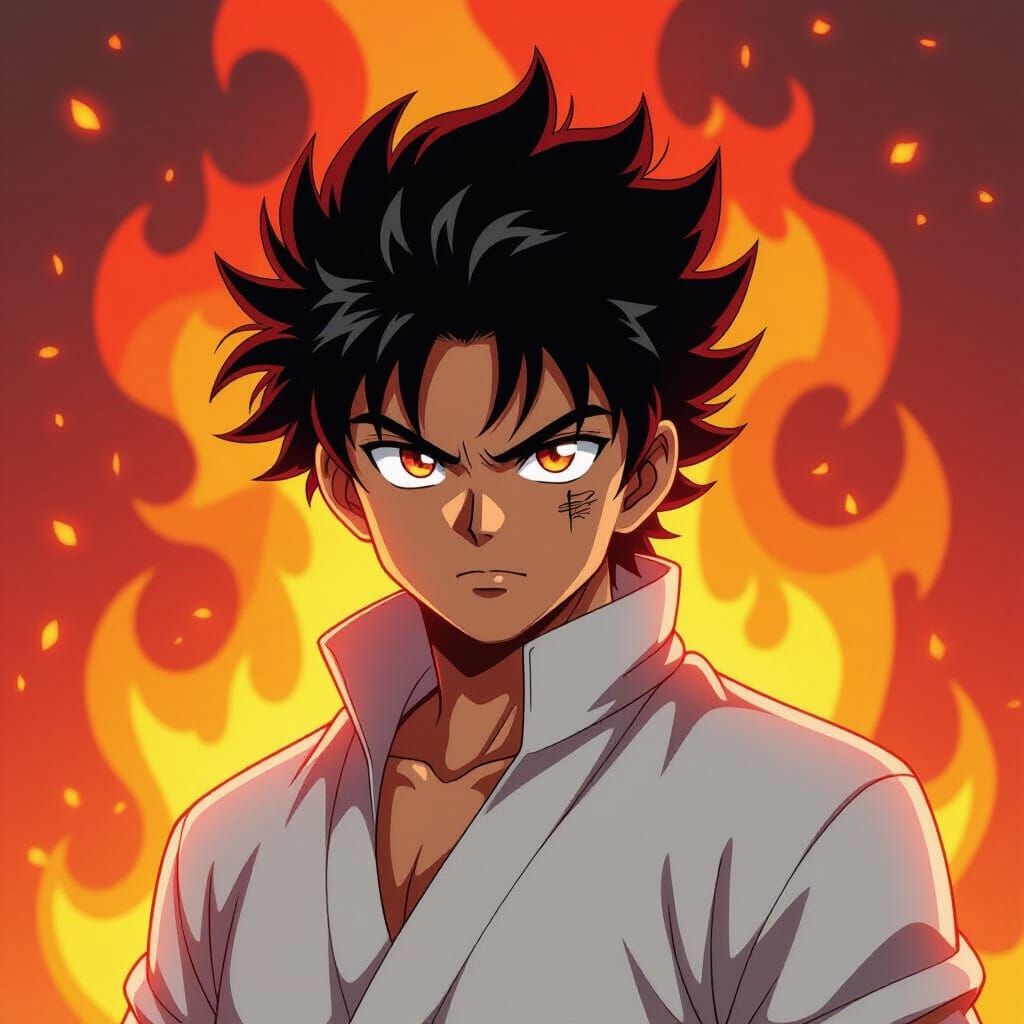 Doma Anime Art with Fiery Dynamic Background