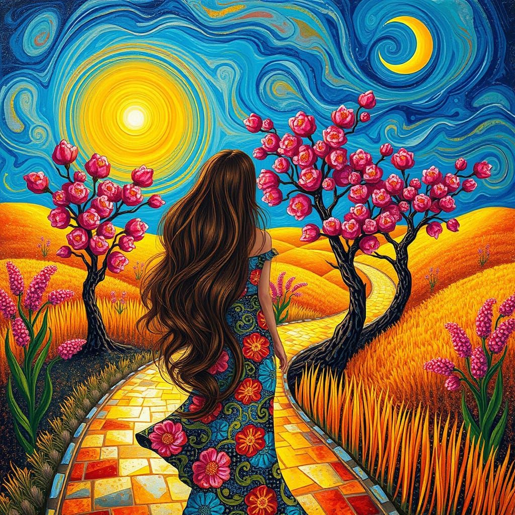 Surreal Woman Walks Away Down a Shimmering Mosaic Path