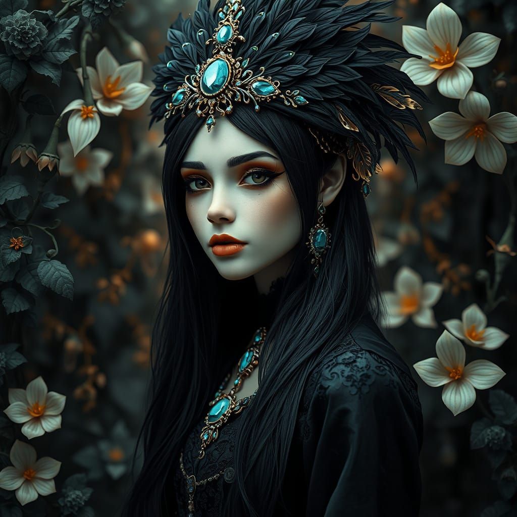 Goth Woman in Dreamlike Dark Garden with Gold Accents