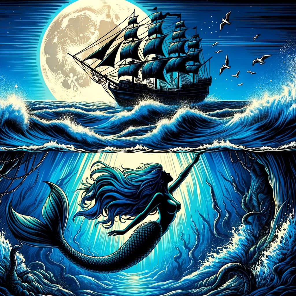 Mermaid Swims Below Pirate Ship in Moonlit Ocean
