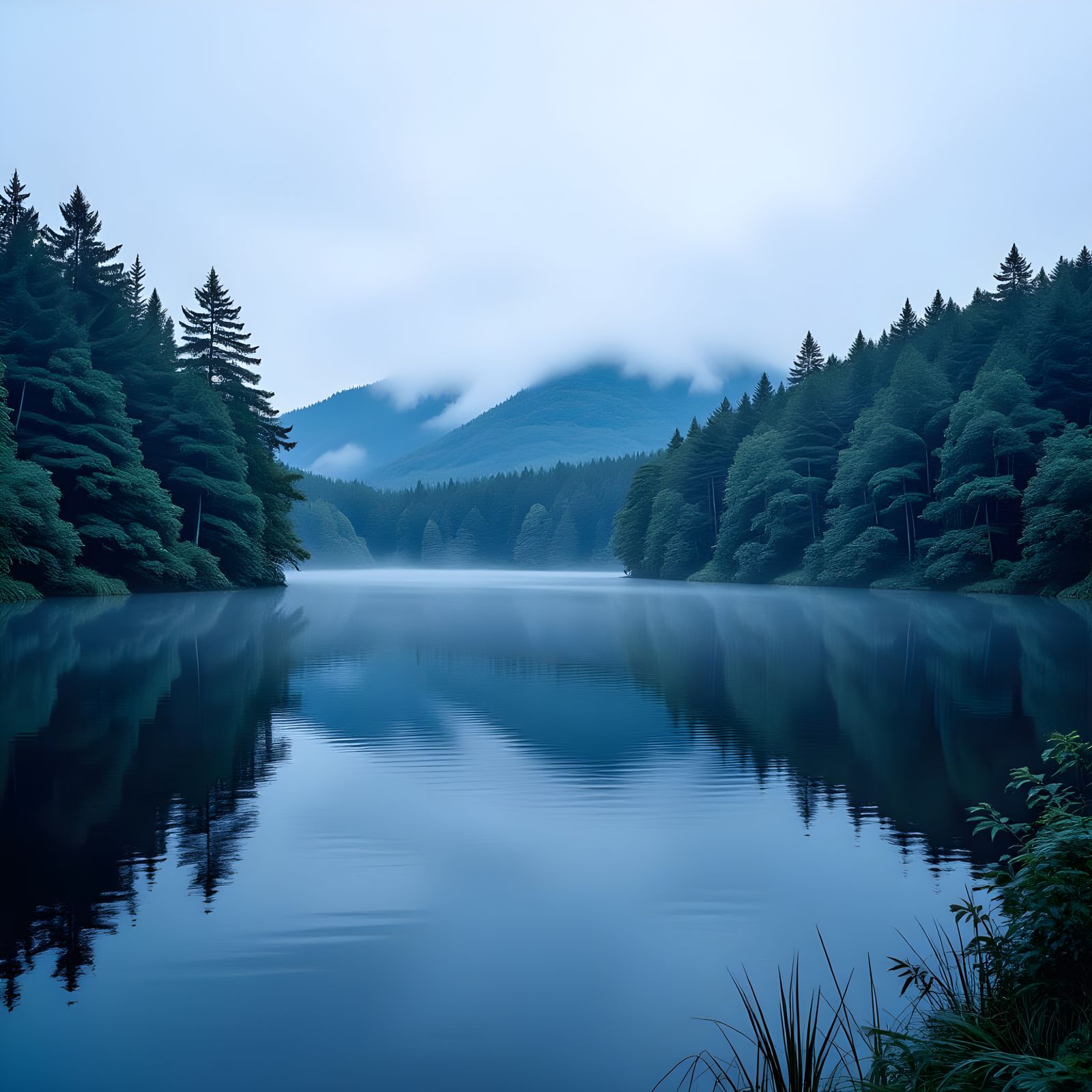 Infrared Forest Reflected in Dark Lake: Cinematic Film Still