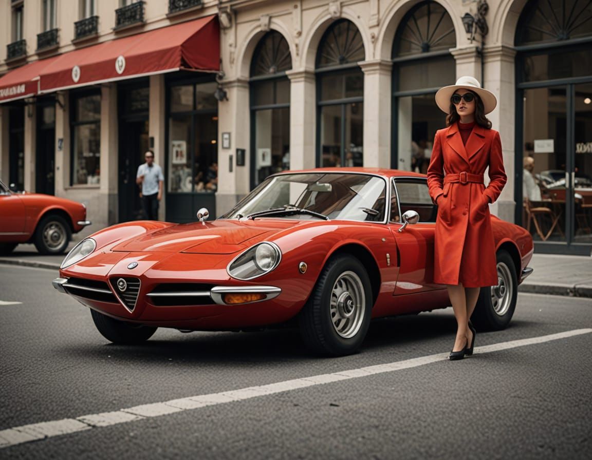 Elegant Retro Woman with Alfa Romeo 33 Stradale Concept in A...
