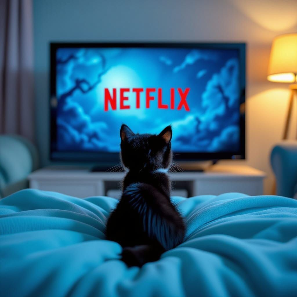 Black Kitten Watches Vampire Movie on Turquoise Sofa