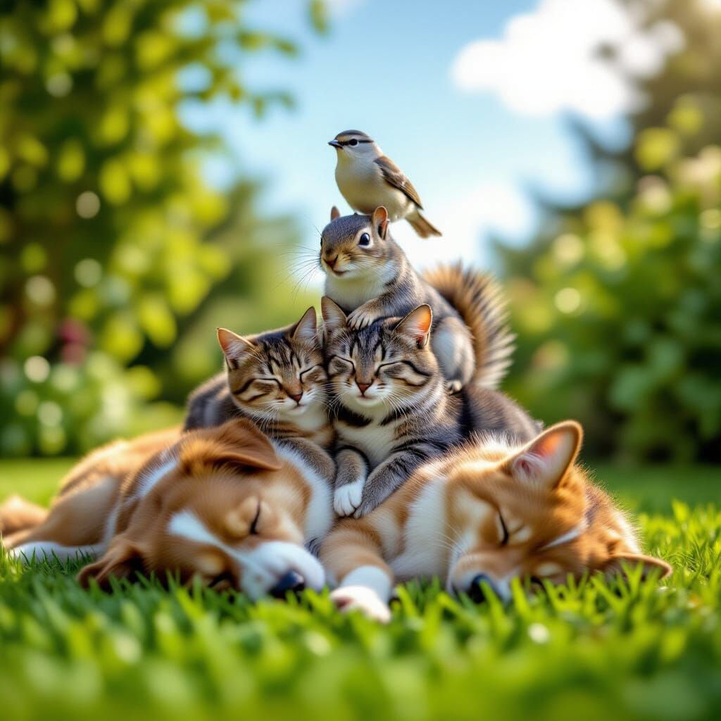 Sleeping Animal Pyramid in Lush Garden