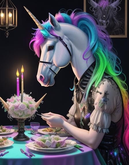 Unicorn Monsters Eating Dinner in Bioluminescent Neon