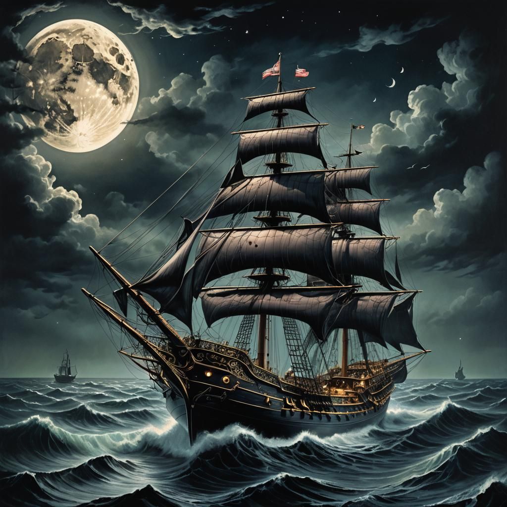 Black Pearl Sails Eerie Sea: Expressionist Oil Painting